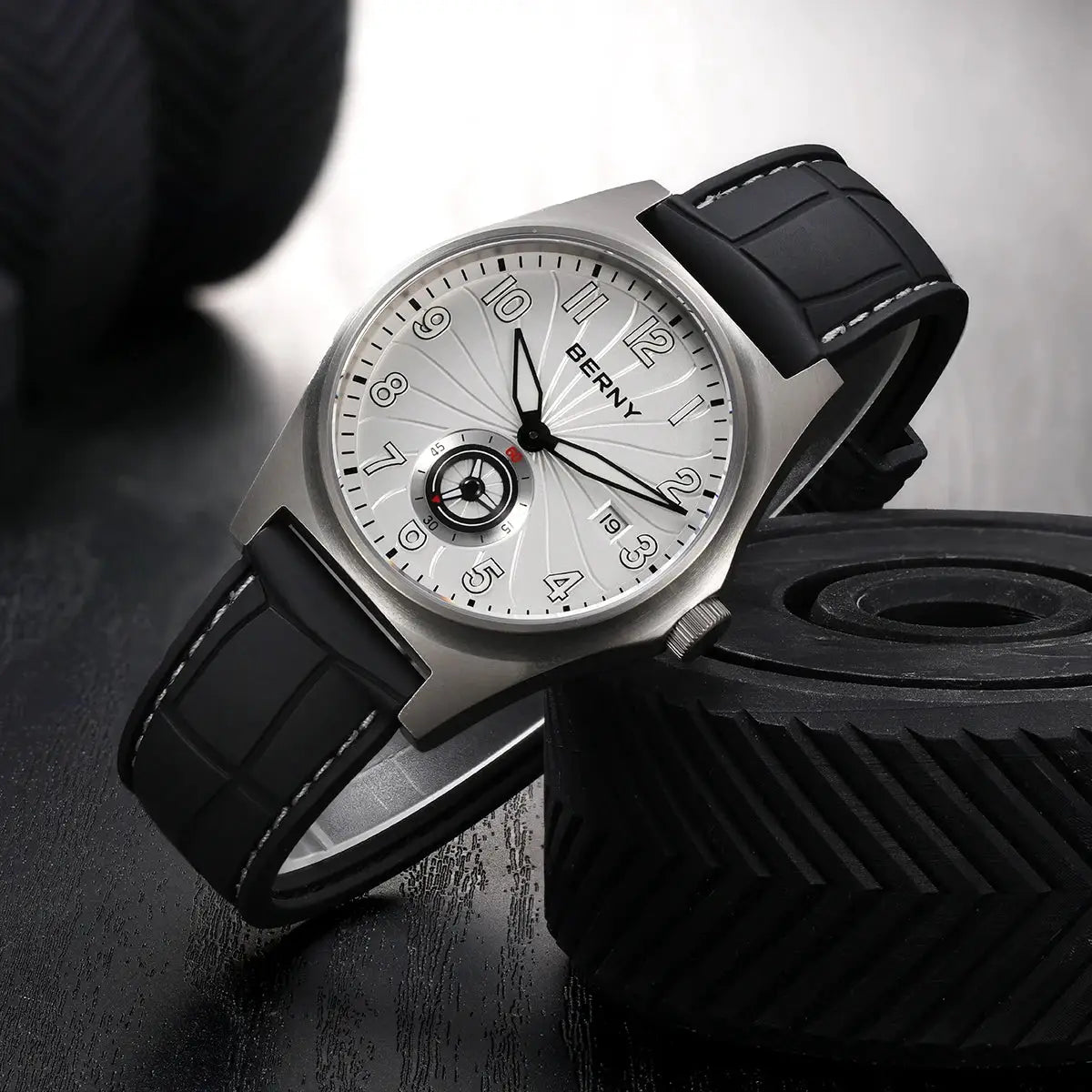 BERNY Full Titanium Automatic Men’s Watch with silver dial, luminous hands, sapphire crystal, and black strap