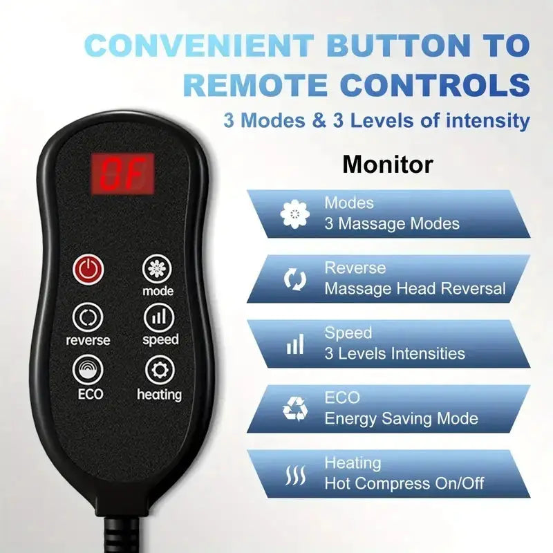 Black handheld remote for electric foot massager with red display and white labeled buttons.