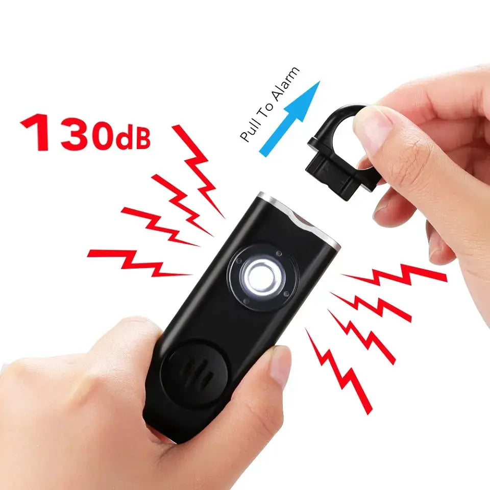 Simples Market Hollarm self-defense personal alarm, black keychain with LED light and 130dB siren; pull-to-activate.