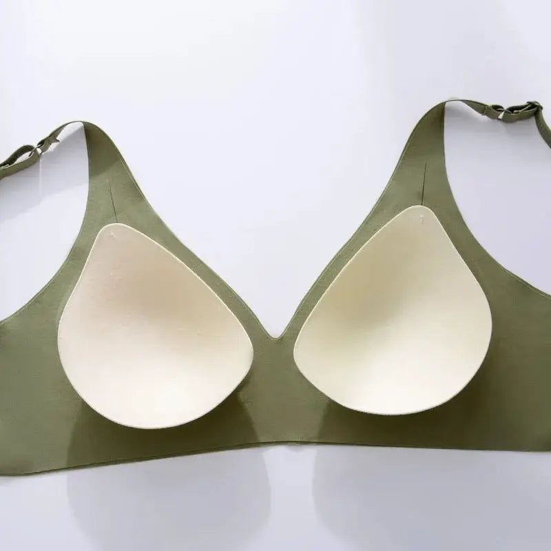Push-up seamless bralette with removable pads in olive green, V-neck style