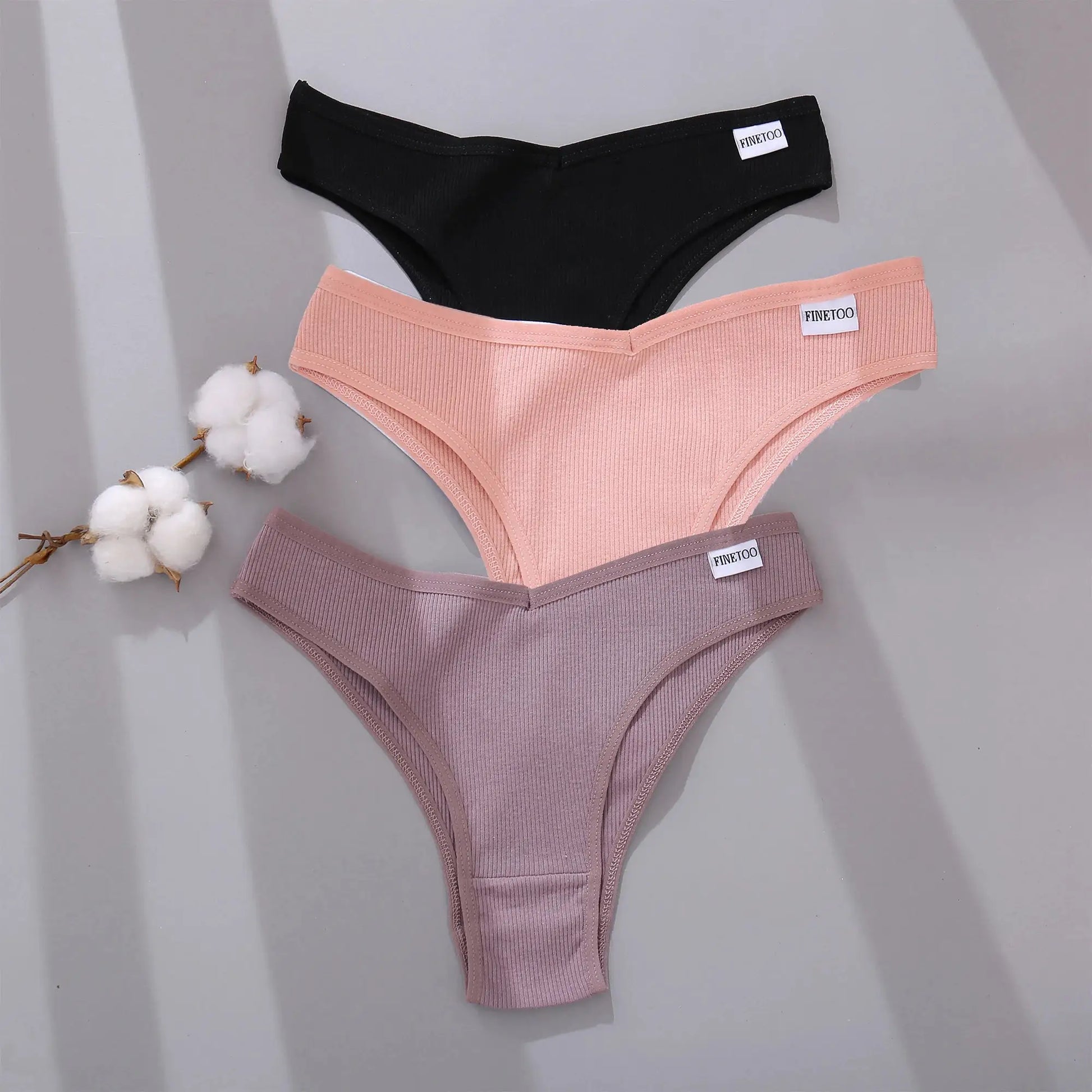 Finetoo cotton Brazilian panties set; 3-pack in black, pink, and mauve with V-waist and T-back