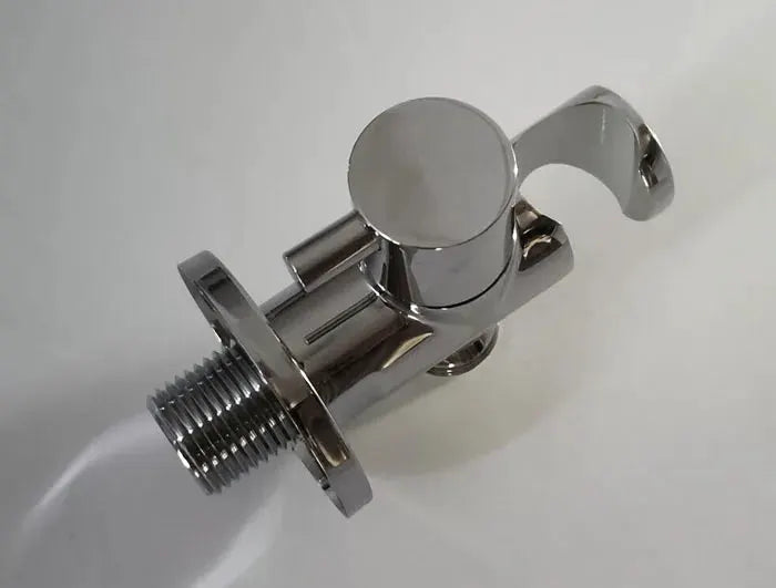 Chrome-plated handheld bidet valve with threaded inlet and mounting flange