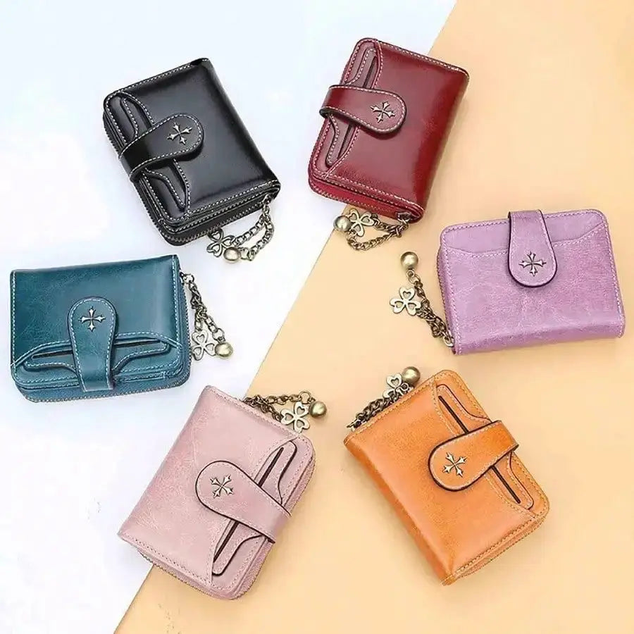 Women’s retro mini leather wallet set, 6-piece in assorted colors, with double-fold design and zipper chain