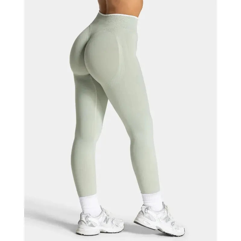 Simples Market women's mint green seamless knit yoga leggings with white edge, high-waist gym tights