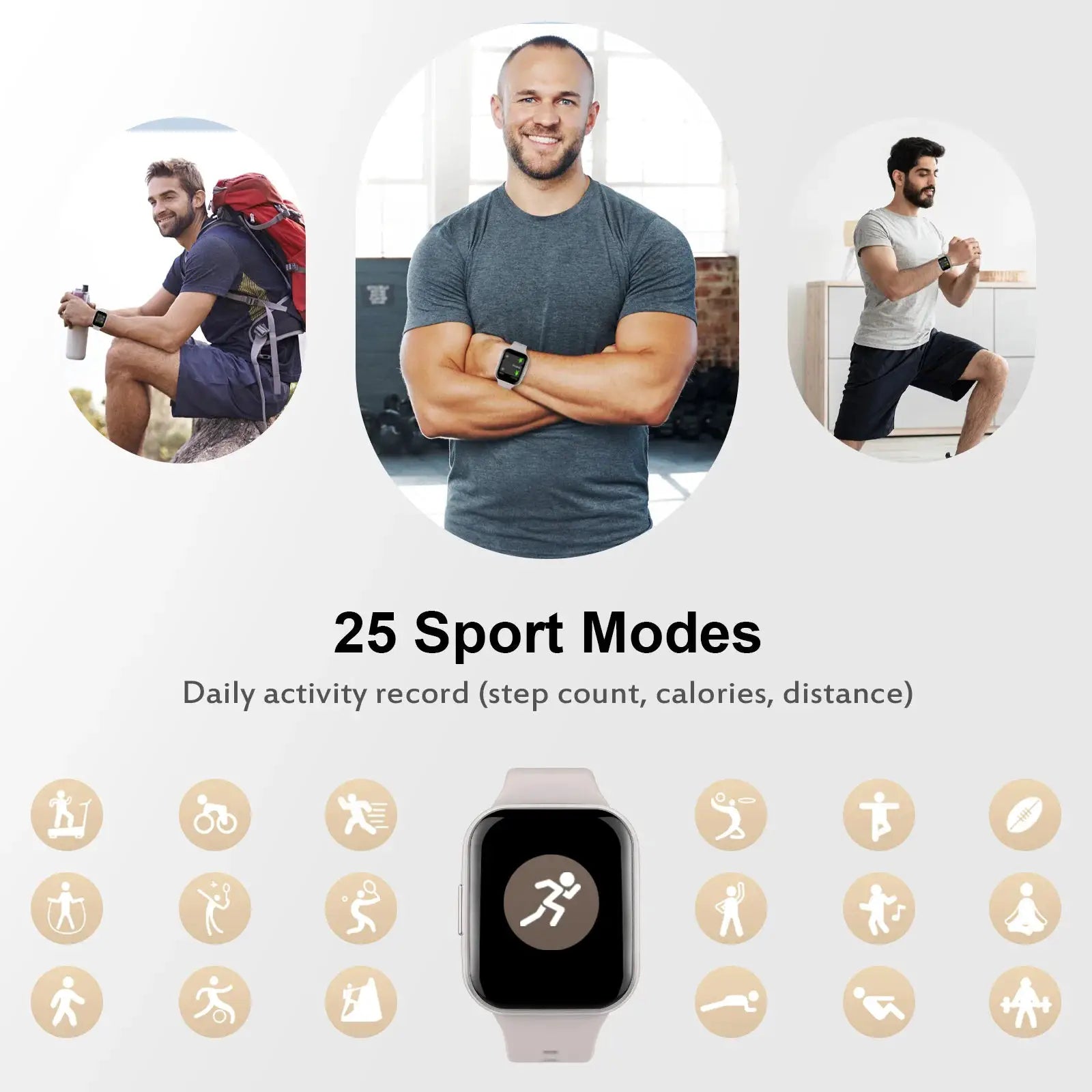 Simples Market smart watch fitness tracker with 1.69-inch touchscreen and pink band worn by three models