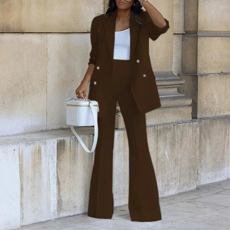 Two-piece women's brown blazer and high-waisted straight-leg pants suit by Simples Market