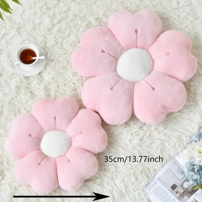 Flower-shaped pink plush throw pillows with white centers, set of two, 35 cm each.