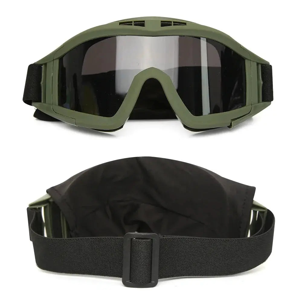 Simples Market olive green airsoft tactical goggles with dark mirrored lenses and black adjustable strap