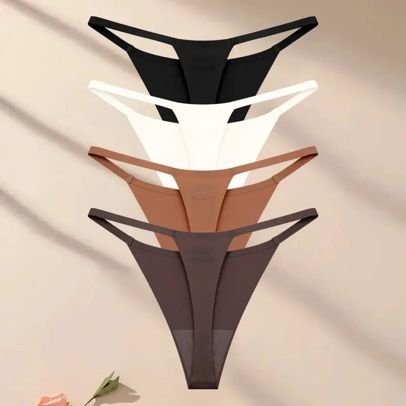 4-piece seamless ultra-thin thong underwear set in black, white, beige, and brown.