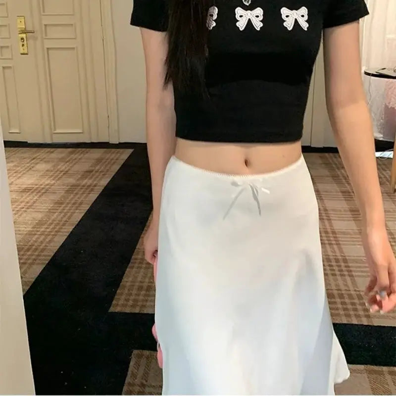 Deeptown Elegant White Satin Skirt, A-line mid-length casual coquette style