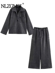 2024 Jeans Set For Women Turn Down Collar Casual Top High Waist Denim