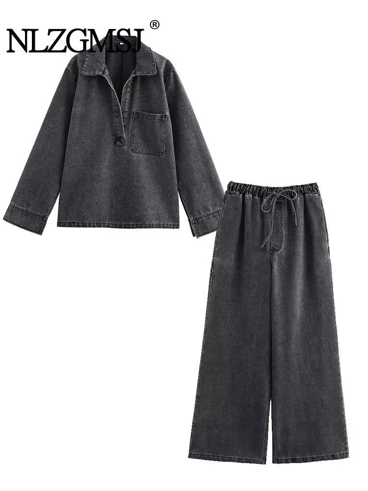 2024 Jeans Set For Women Turn Down Collar Casual Top High Waist Denim
