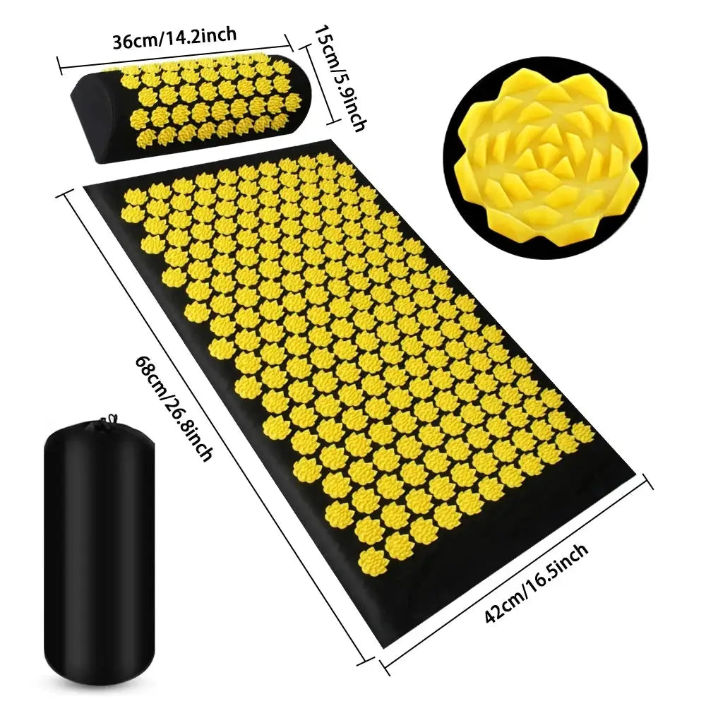 Acupressure yoga mat with yellow spike discs; black mat shown with a carrying bag and yellow massage ball.