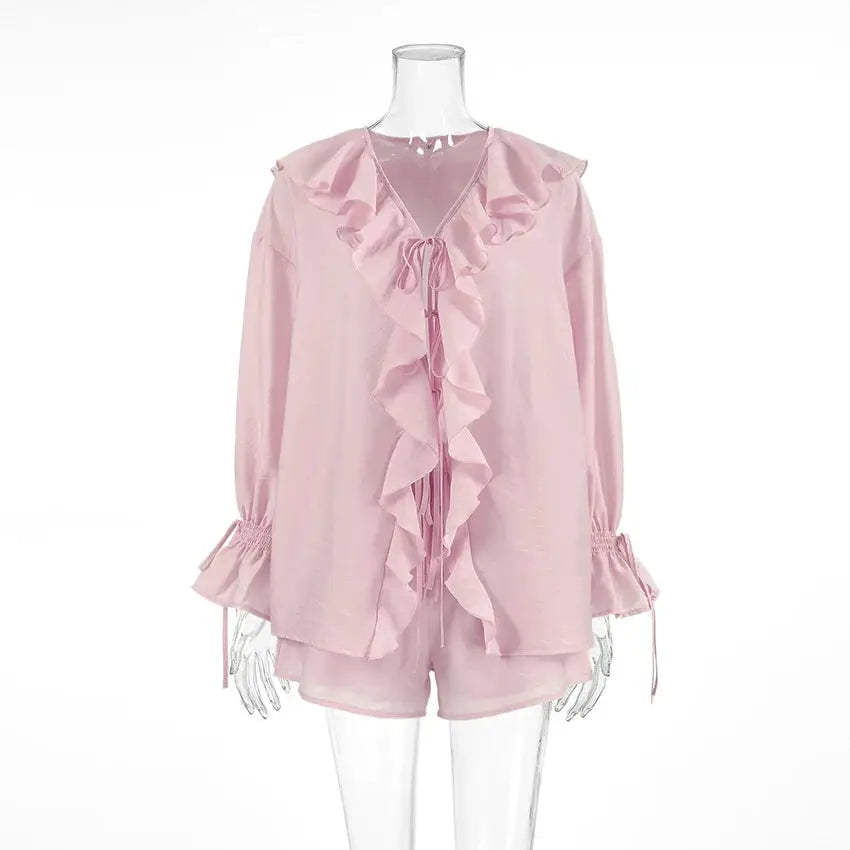 Tornova Womens Ruffled Shorts Sets V Neck Lace Up Shirt Spring Casual