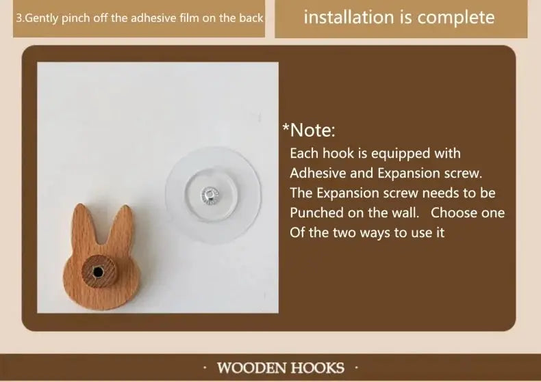 Bunny-shaped wooden wall hook; natural wood finish with adhesive mounting pad