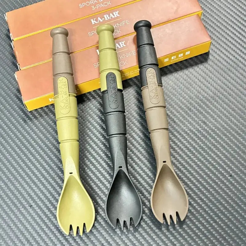 Tactical mini cutlery set, 3-pack spork/knife combo in olive, black, and tan with KA-BAR branding