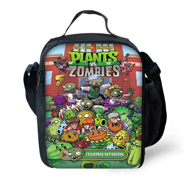 Kids school backpack with Plants vs Zombies artwork, black bag with colorful front panel.
