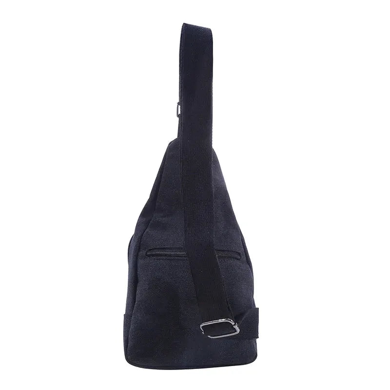 Men's vintage canvas satchel bag, navy blue, compact outdoor sling with adjustable strap