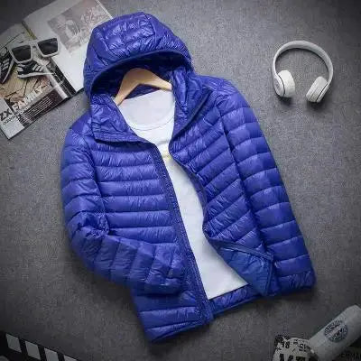 Men's blue hooded down jacket, slim fit and lightweight warmth with white tee underneath