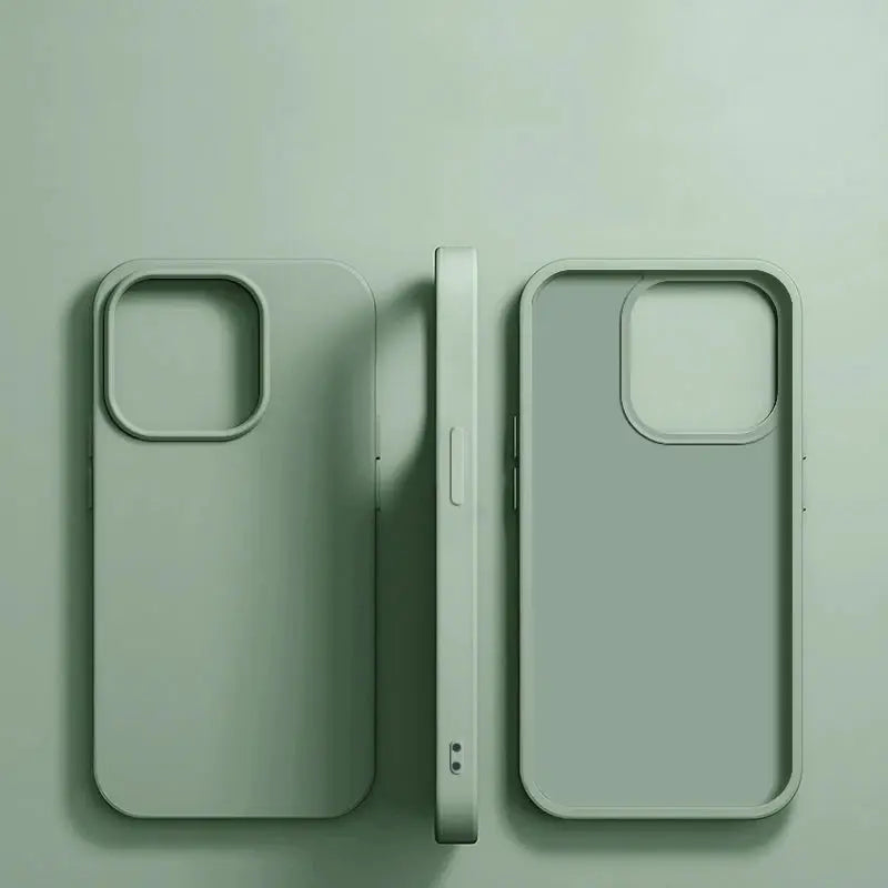 Simples Market luxury liquid silicone iPhone case in sage green for iPhone 11–16 Pro Max, with large camera cutout