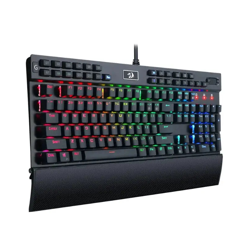 Redragon K550 RGB wired mechanical gaming keyboard, 104 keys with 12 macro G-keys, black with wrist rest.