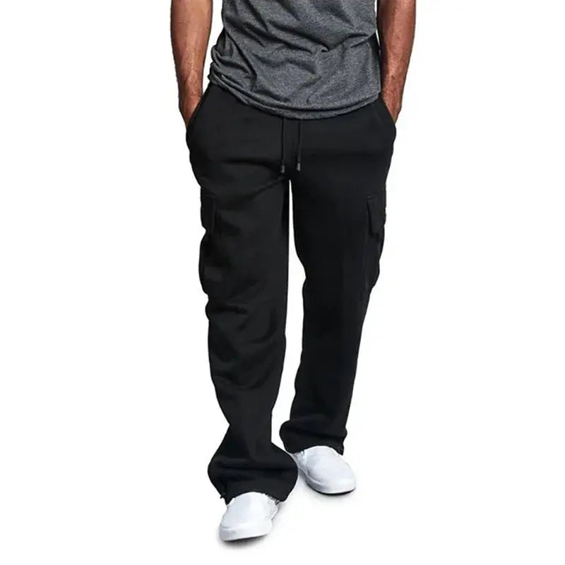 Men's cargo jogger pants in black with drawstring waist and cargo pockets by Simples Market