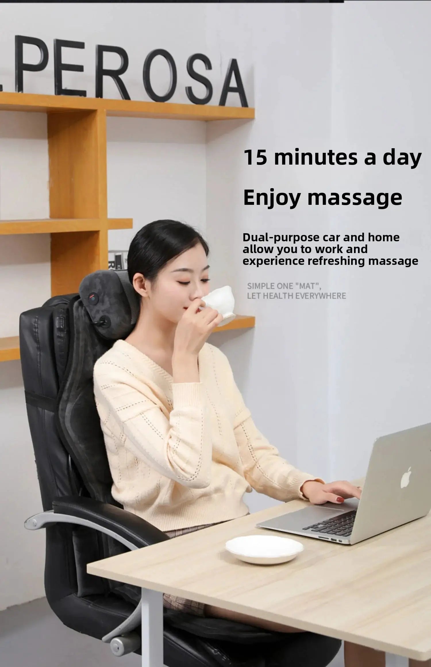 Massage seat cushion by Simples Market with heating and lumbar airbag, black for home/office use.