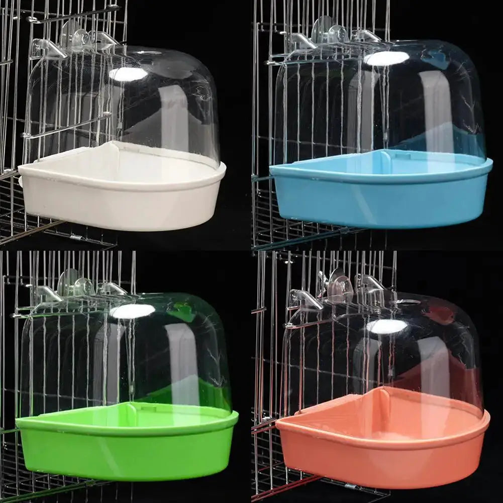 Hanging bird bath cube for small parrots; clear dome with colored basins in white, blue, green, peach (4-pack)