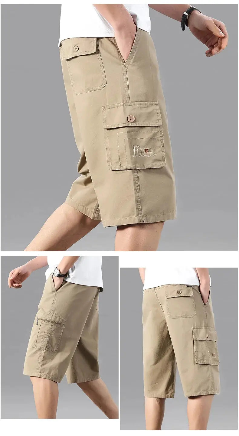 Men's knee-length cotton cargo shorts by Simples Market in khaki with multiple pockets