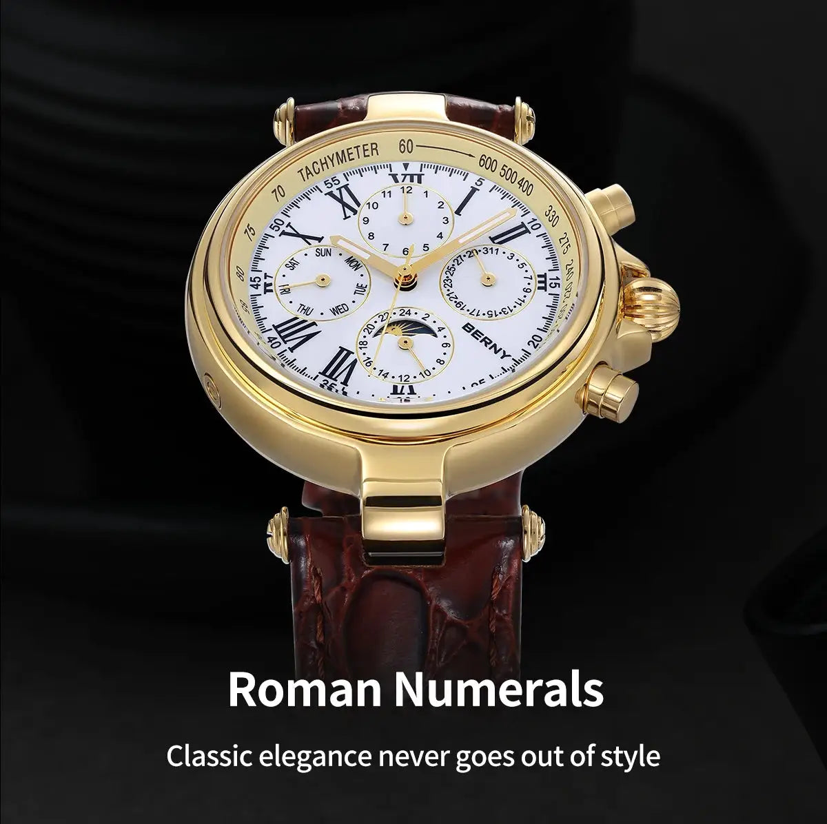 BERNY Retro Automatic men's watch with sun & moon phase, gold-tone case, Roman numerals, brown leather strap