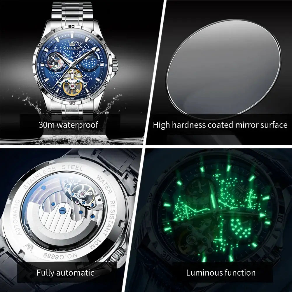 OLEVS Flywheel skeleton automatic men's watch with blue starry-sky dial, stainless steel bracelet, luminous function