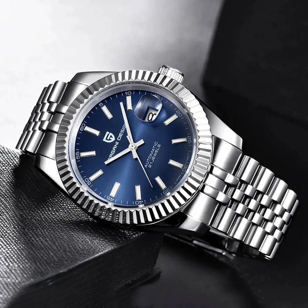 Pagani Design men's automatic watch with blue dial, stainless steel Jubilee bracelet, date window, 100M water resistant