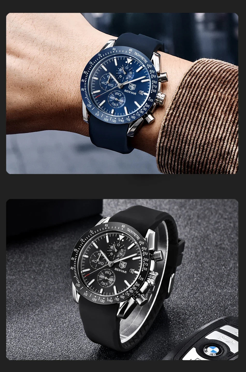 2 BENYAR men's watches with stainless steel cases and blue and black dials, silicone straps