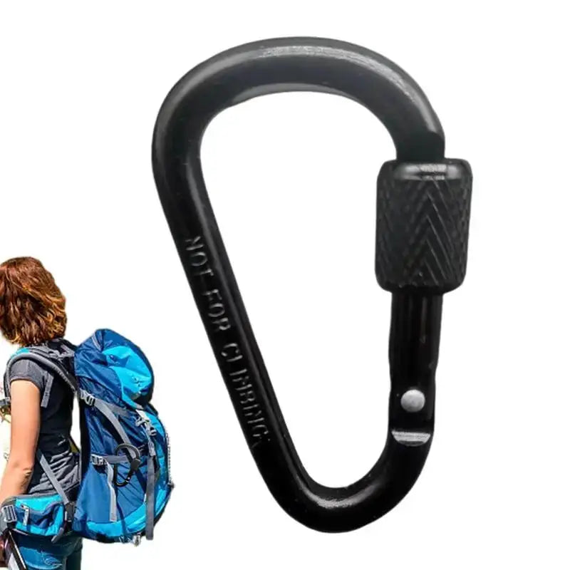 Aluminum alloy carabiner with lock by Simples Market, D-shaped climbing keychain hook, black