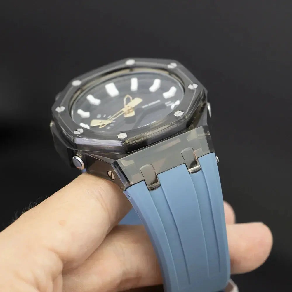Transparent mod kit from Simples Market for Casioak GA2100/GA2110 with blue rubber strap and clear PC case