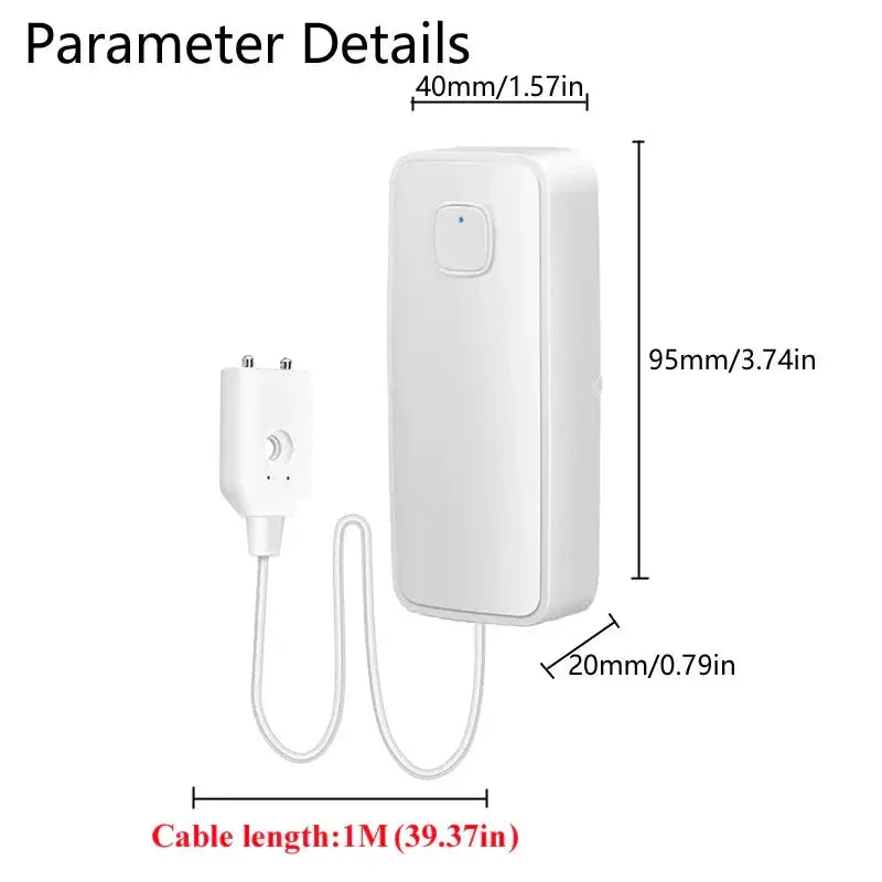 Tuya Smart Flood Leakage Sensor by Simples Market; white WiFi water leak detector with 1m cable and plug.