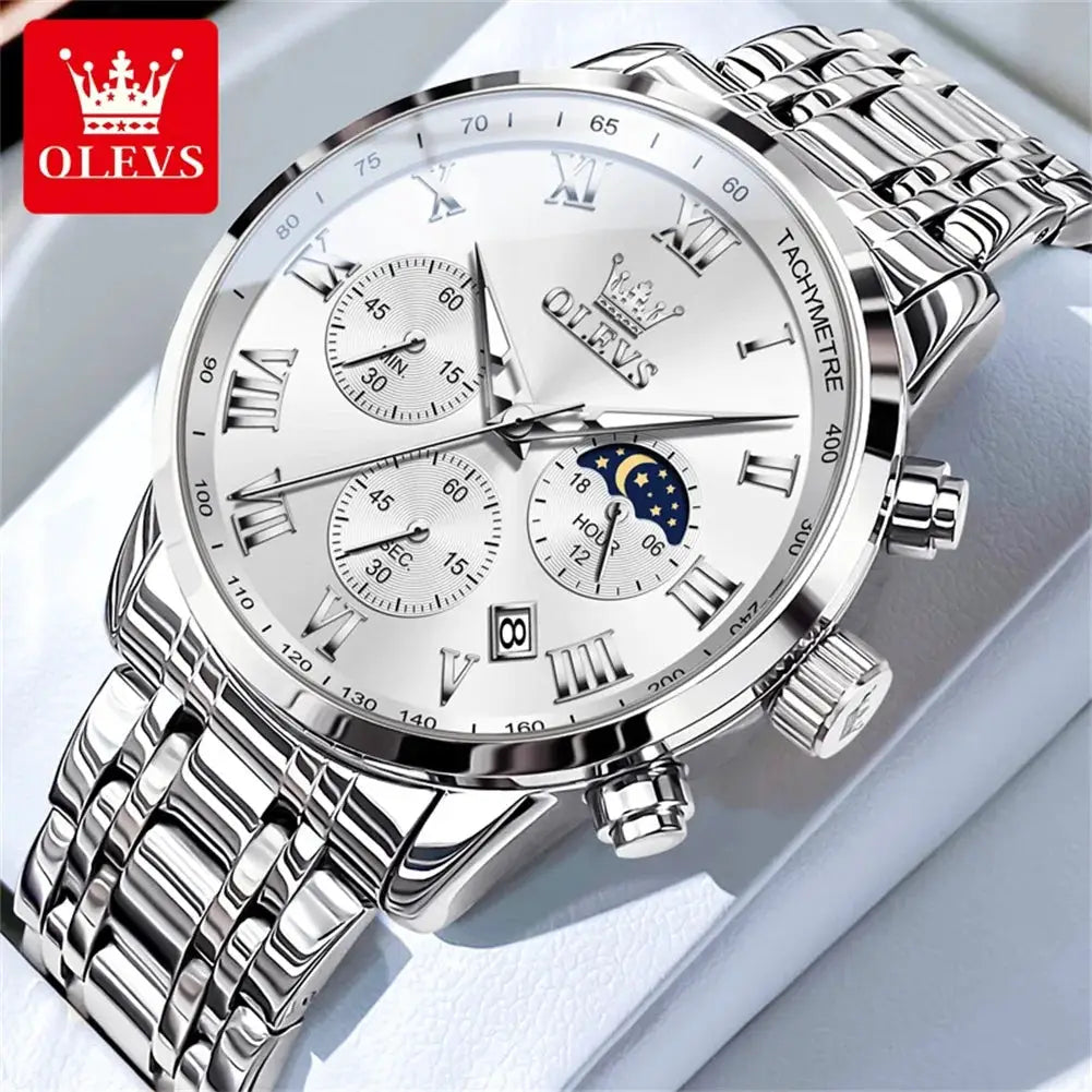OLEVS 5529 men's luxury stainless steel watch with lunar phase, waterproof, luminous dial.