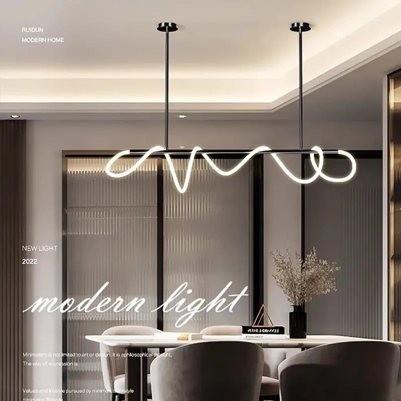 Black metal Nordic-inspired dining room pendant chandelier with looping LED light