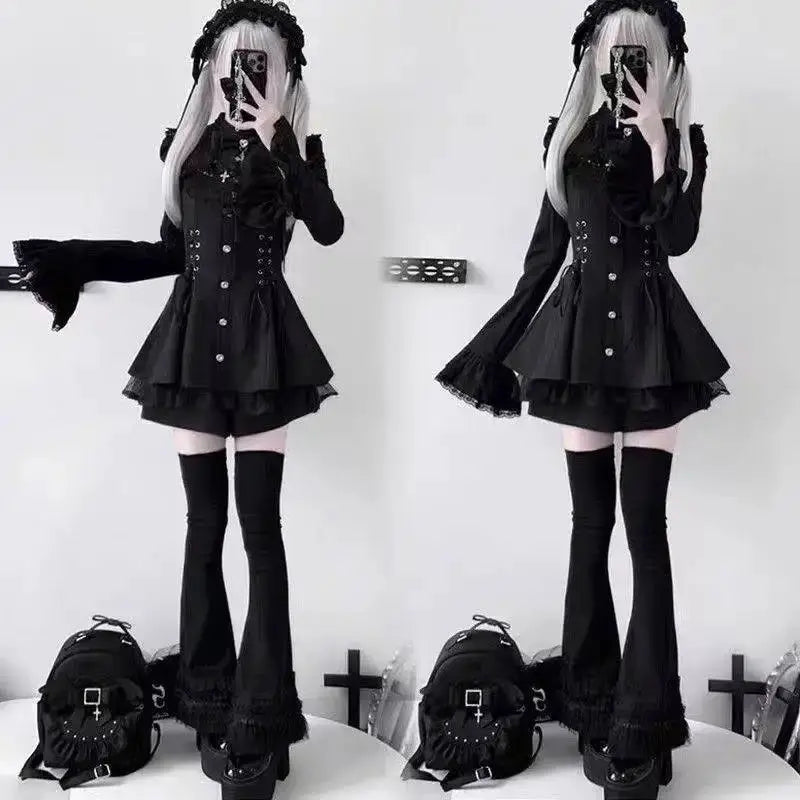 Y2K Lolita Bow Dress Shorts Set Gothic Lace Flare Sleeve Shirt Dress