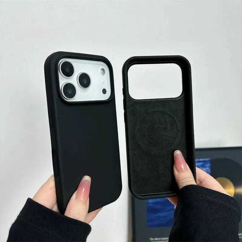Two black Simples Market magnetic liquid silicone iPhone 17 cases, MagSafe compatible, shockproof