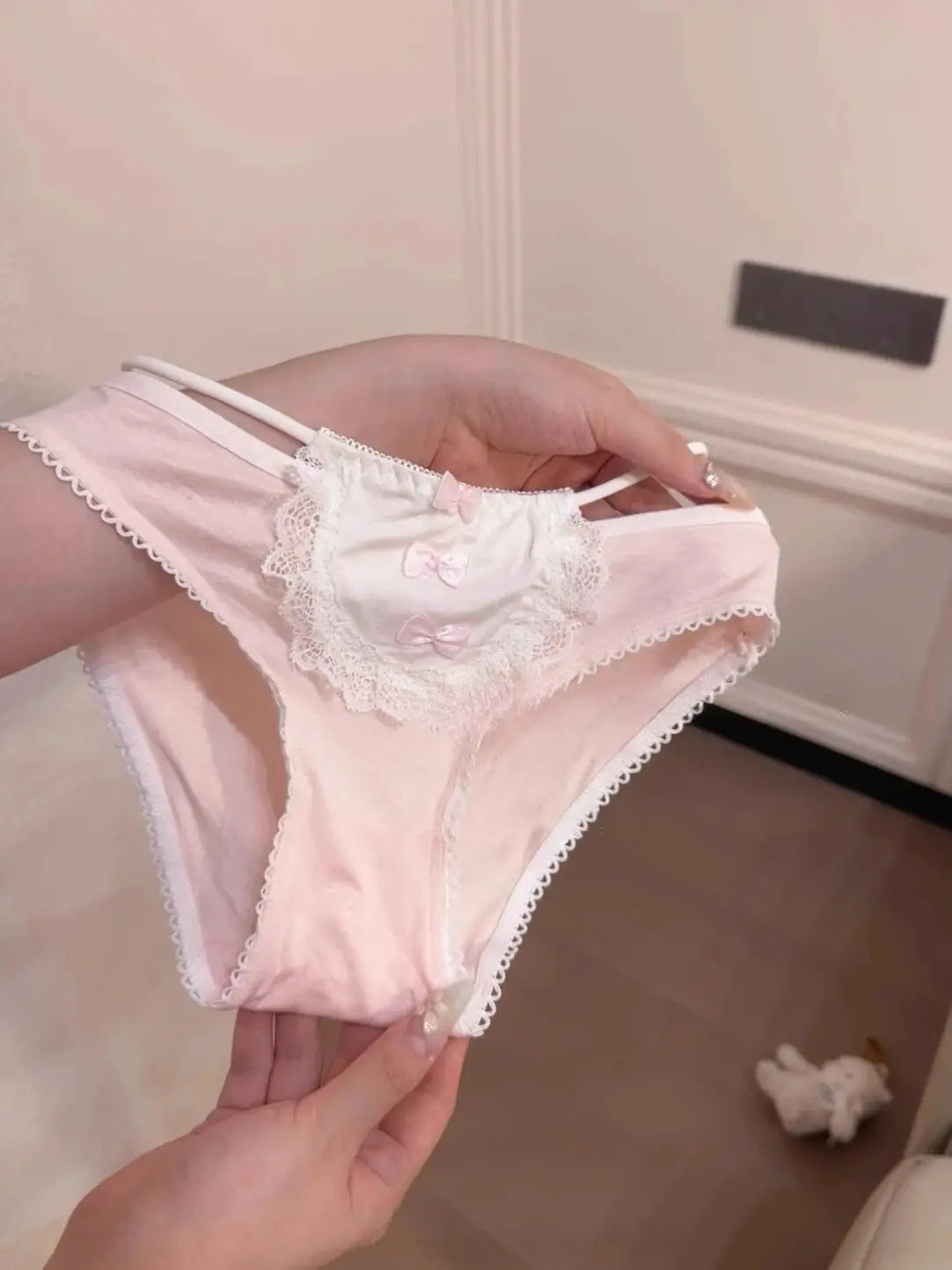 Panties Pink Lolita lace with bow details, low-waist breathable cotton briefs