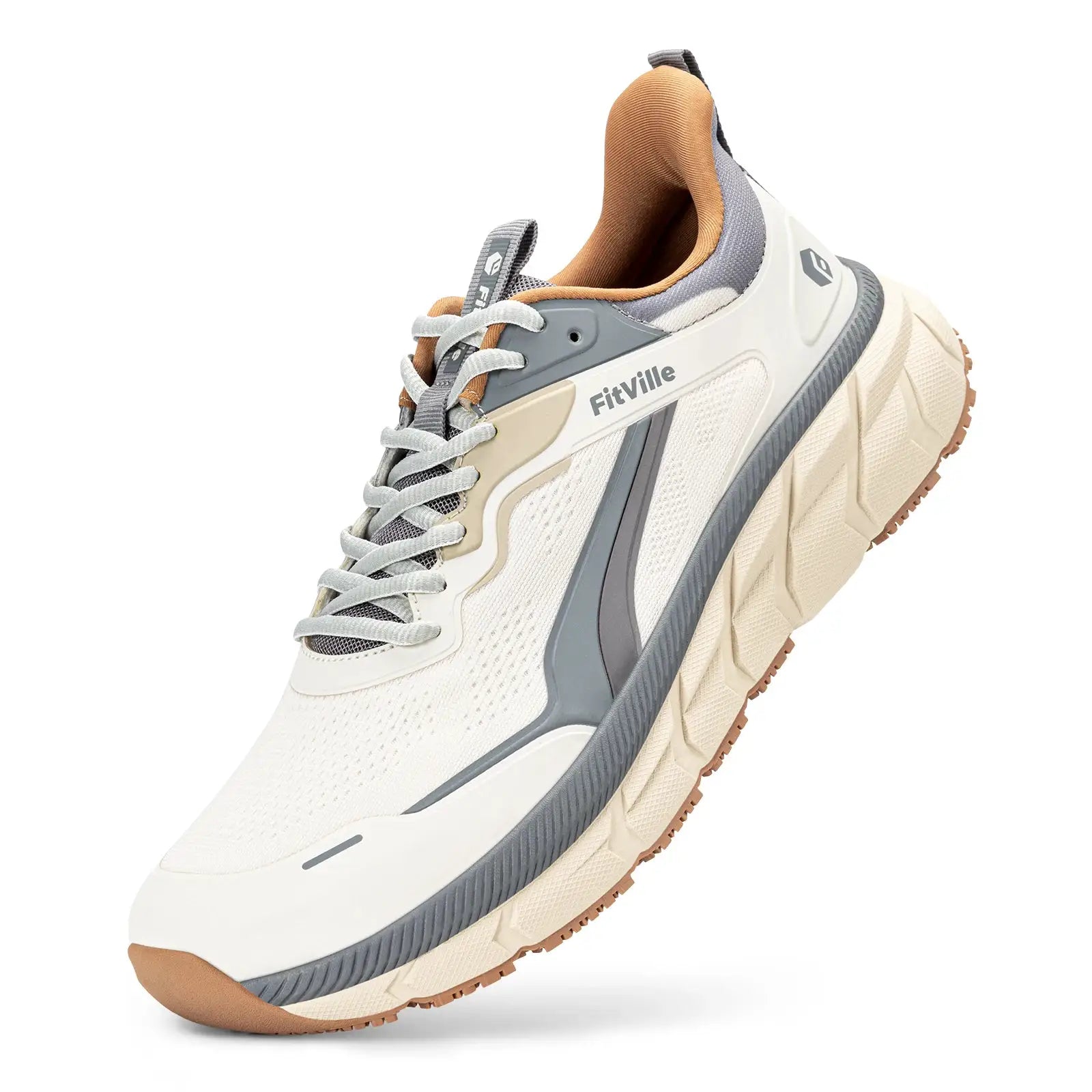 FitVille wide-toe men's running shoe; cushioned, extra-wide, beige-gray upper with tan interior.