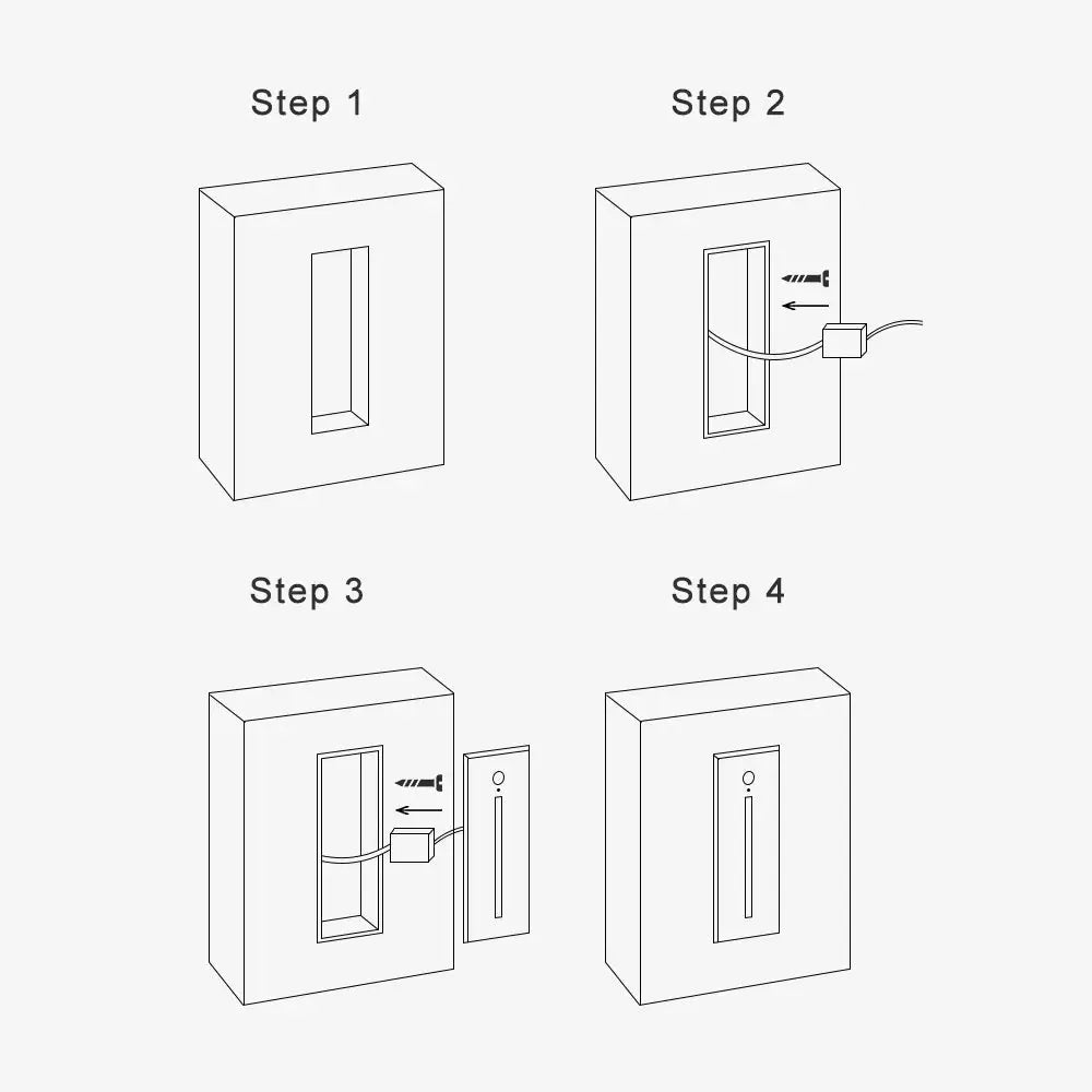 SANDIY smart stair light motion sensor wall lamp; recessed step light, Simples Market, Step 1–4 installation diagrams