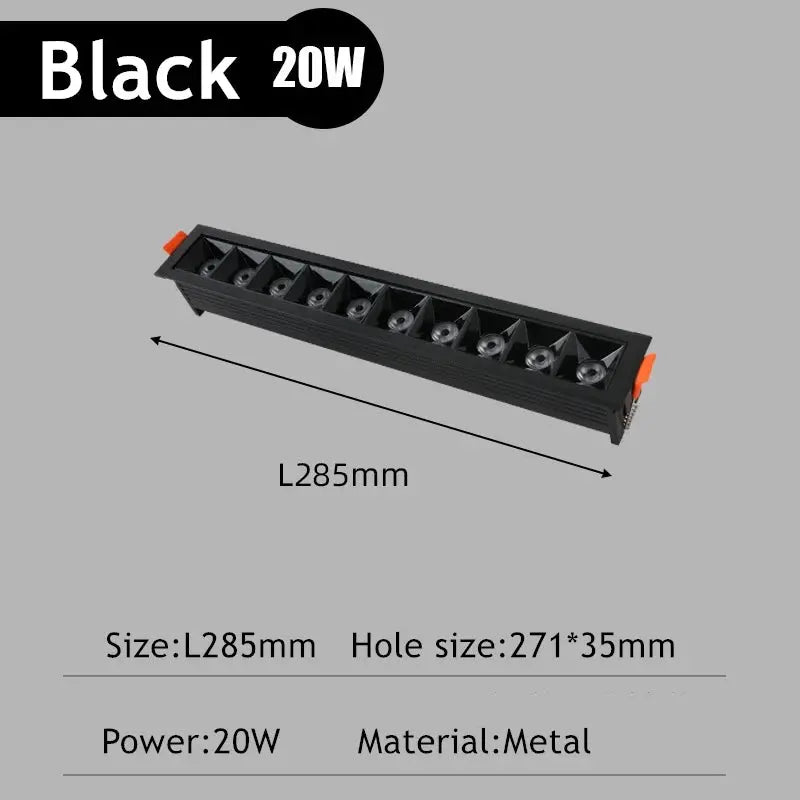 LED line recessed rectangular ceiling light by Simples Market, black metal, 20W, 285mm long