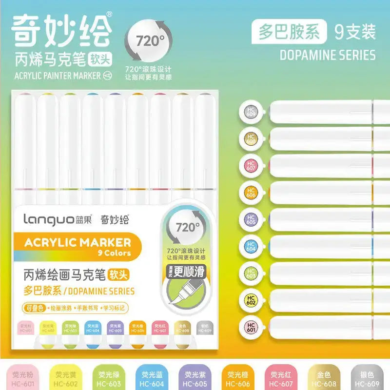 Acrylic marker set, 9 colors, dopamine series with soft brush tips by Simples Market