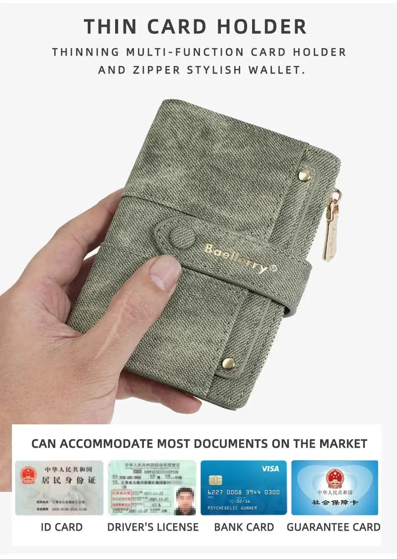 Baellerry women's compact wallet with zipper coin pocket in olive-green denim fabric and detachable card clip