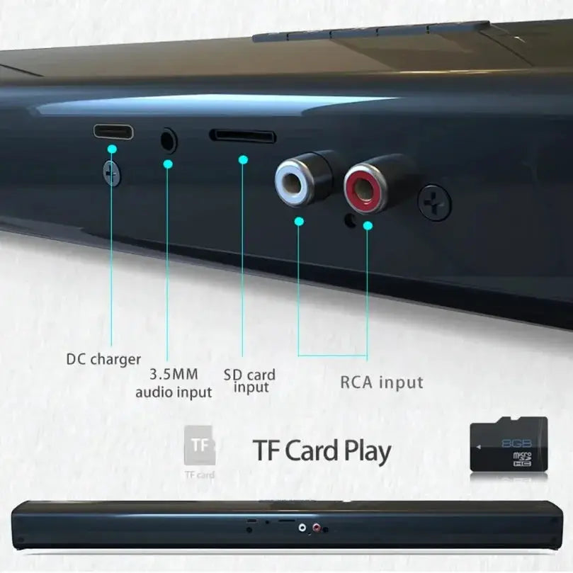 XIKCU soundbar in black with RCA input, 3.5mm audio, SD/TF card slots and DC charger port