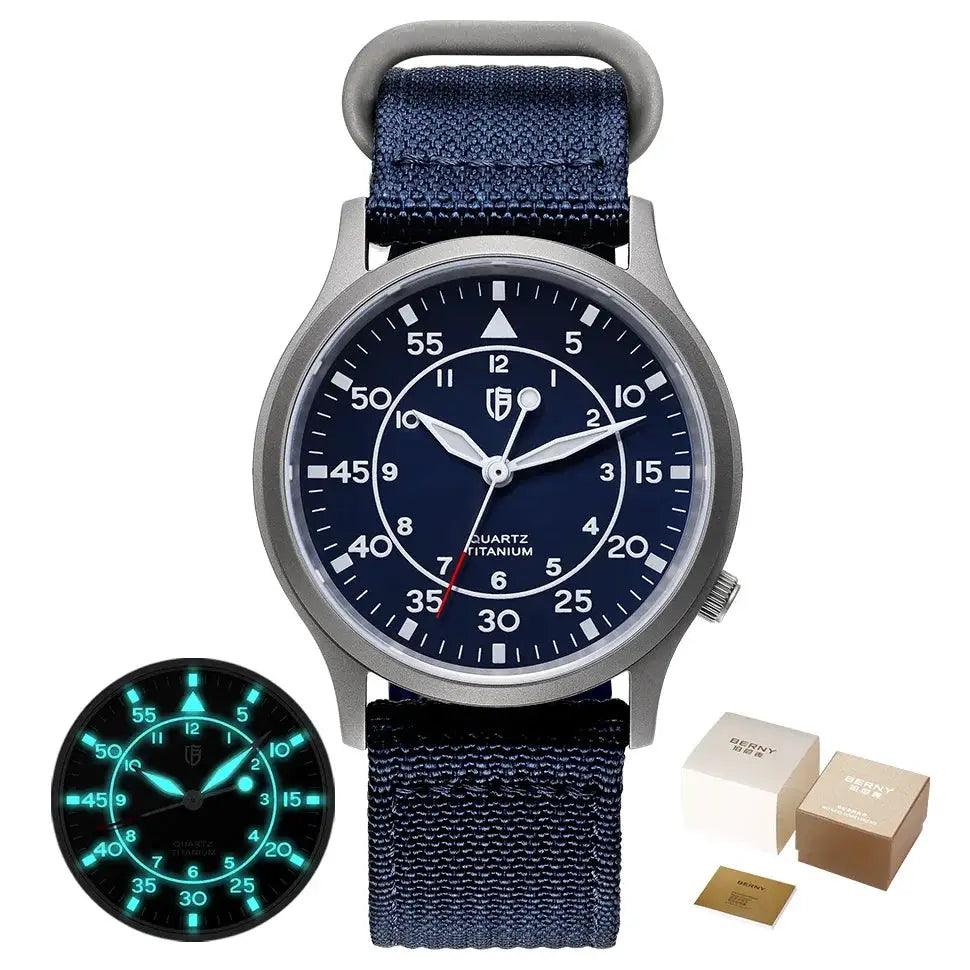 BERNY titanium men’s watch with blue dial and navy nylon strap, luminous hands, with two packaging boxes