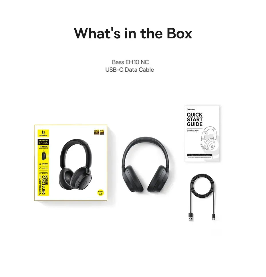 Baseus Bass EH10 NC wireless over-ear headphones with USB-C data cable and quick start guide (4 items)