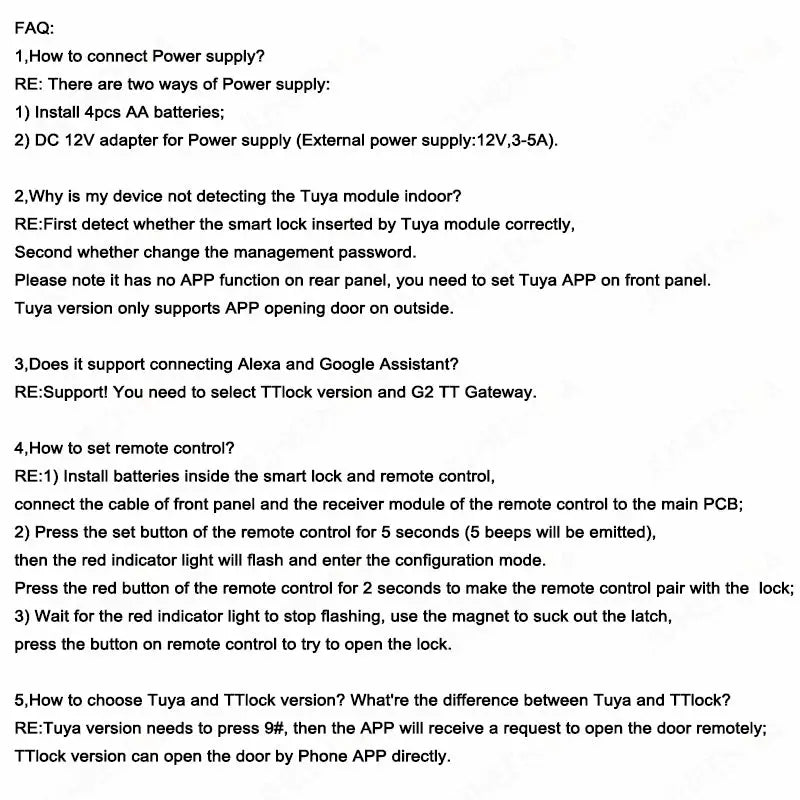Fingerprint gate door lock FAQ page detailing Tuya TTLock setup, remote app use, and power questions.